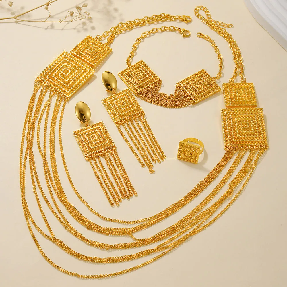 5pcs Fashion Ladies 18k Gold Plated Jewelry Set Tassel For Holiday Wear, Wedding Scene Jewelry, Multi-layered Temperament Wedding Jewelry