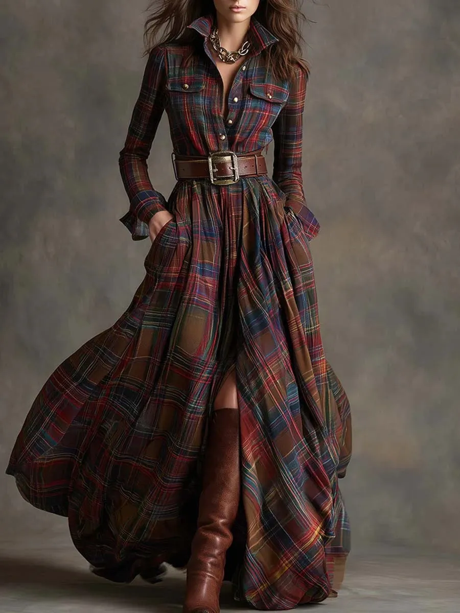 Ins Plaid Print Long-Sleeved Dress Fashion Pockets Collared Buttons Shirt Long Dresses Retro Women's Clothing