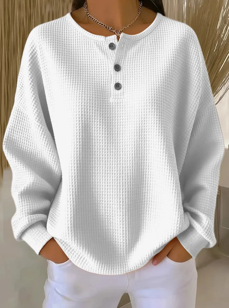 Ins Waffle Long-sleeved T-shirt Fashion Solid Color Buttons Round Neck Pullover Top Women's Clothing