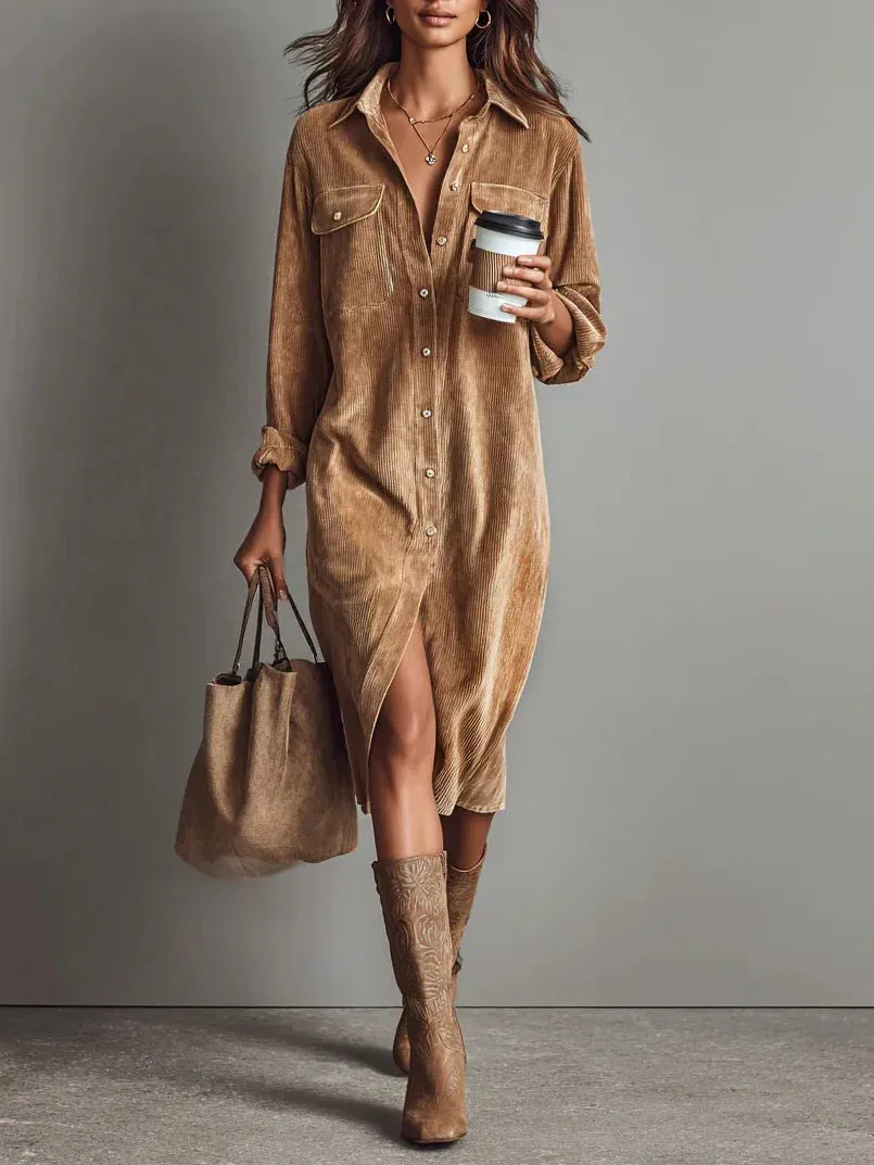 Turn-Down Collar Buttons Chic Casual Dress, Women Spring Autumn Solid Simple Party Dress, Long Sleeve Holiday Ladies Dress